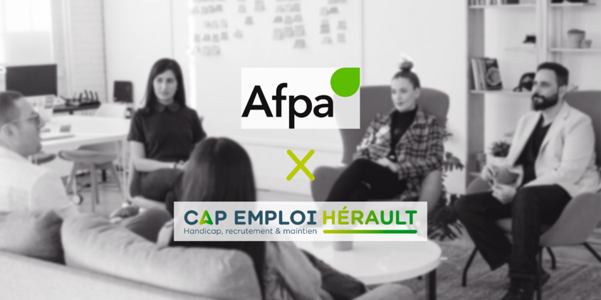 Logos de l'AFPA et de Cap Emploi Hérault. Illustration : groupe de personnes assises dans une salle de réunion.